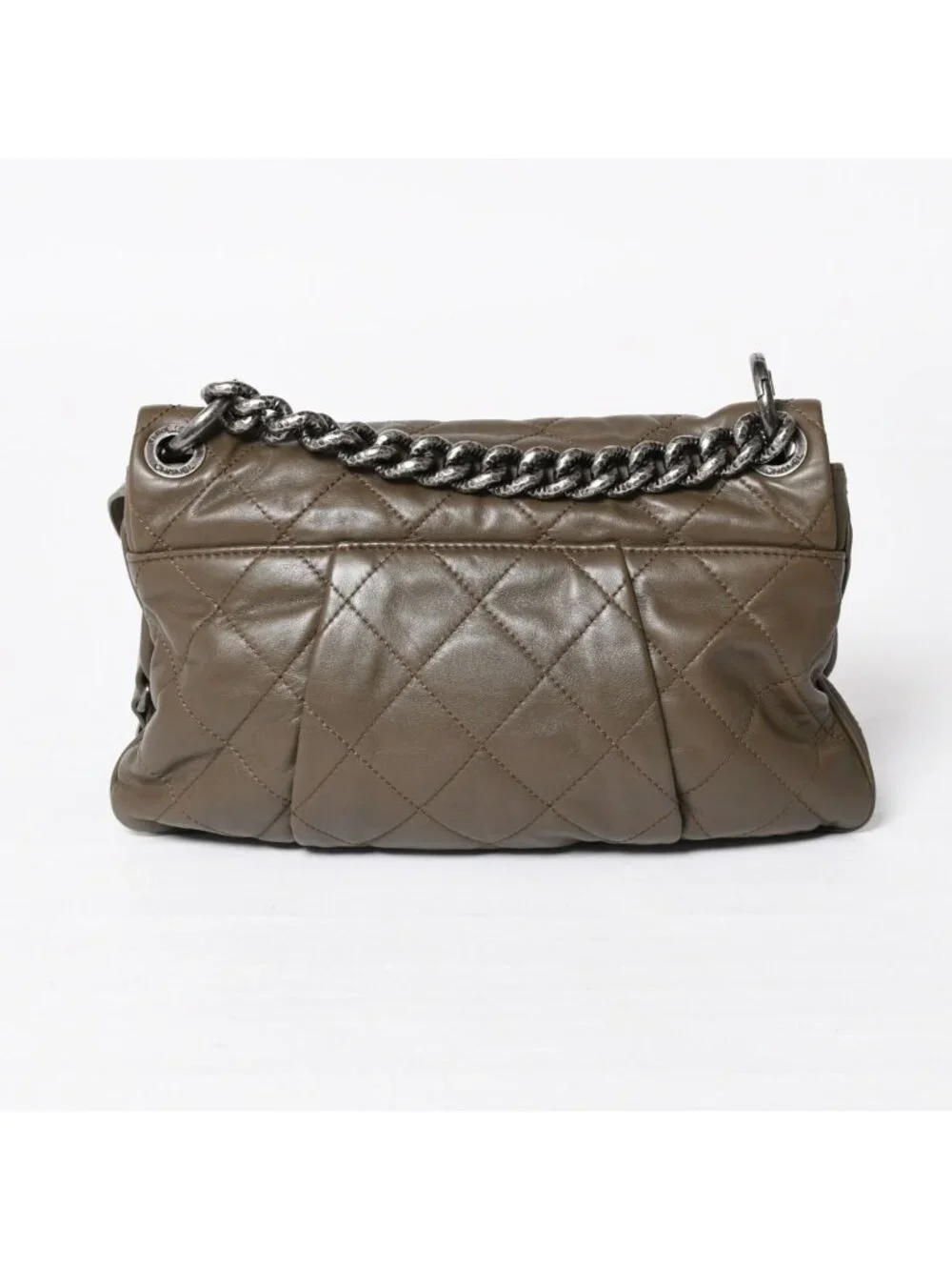 Chanel 2-Way Bag CC Logo Lambskin Quilted Olive Antique Silver